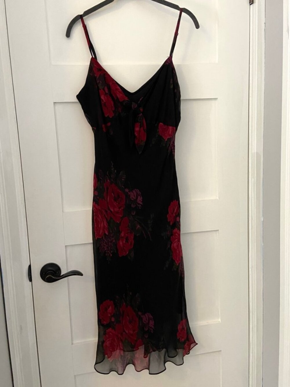 Vintage 1990s Betsey Johnson Black Silk Slip Dress with Red Floral Accents